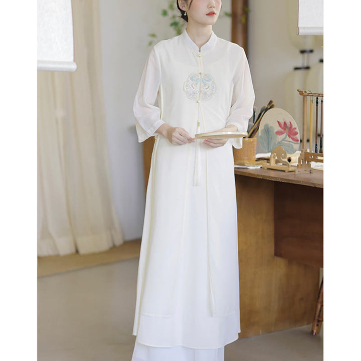 Buddha-Steine-Stickerei, Chiffon-Cheongsam, Midikleid, weite Hose, Meditations- und Zen-Praxiskleidung