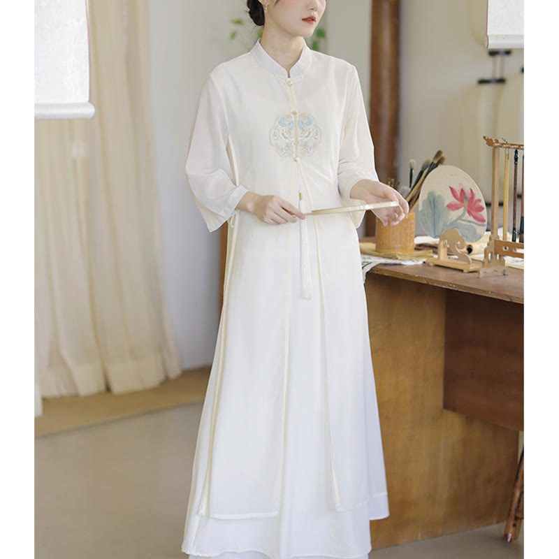 Buddha-Steine-Stickerei, Chiffon-Cheongsam, Midikleid, weite Hose, Meditations- und Zen-Praxiskleidung