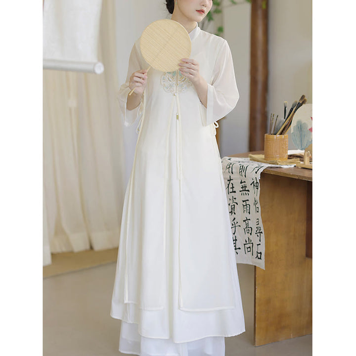 Buddha-Steine-Stickerei, Chiffon-Cheongsam, Midikleid, weite Hose, Meditations- und Zen-Praxiskleidung - image 9