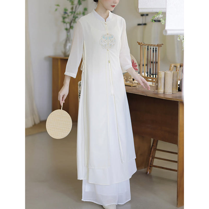 Buddha-Steine-Stickerei, Chiffon-Cheongsam, Midikleid, weite Hose, Meditations- und Zen-Praxiskleidung