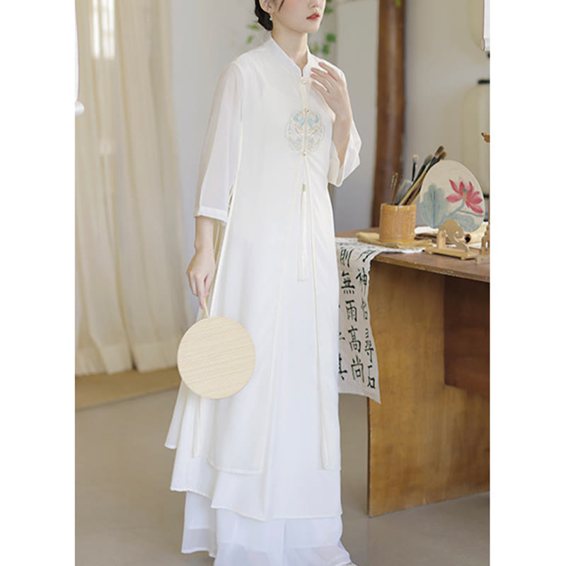 Buddha-Steine-Stickerei, Chiffon-Cheongsam, Midikleid, weite Hose, Meditations- und Zen-Praxiskleidung - image 12