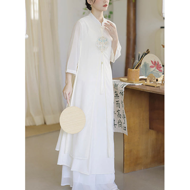 Buddha-Steine-Stickerei, Chiffon-Cheongsam, Midikleid, weite Hose, Meditations- und Zen-Praxiskleidung - image 12