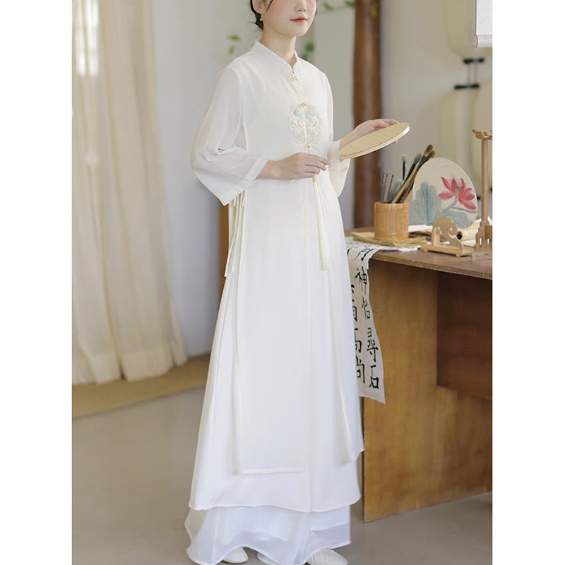 Buddha-Steine-Stickerei, Chiffon-Cheongsam, Midikleid, weite Hose, Meditations- und Zen-Praxiskleidung - image 13