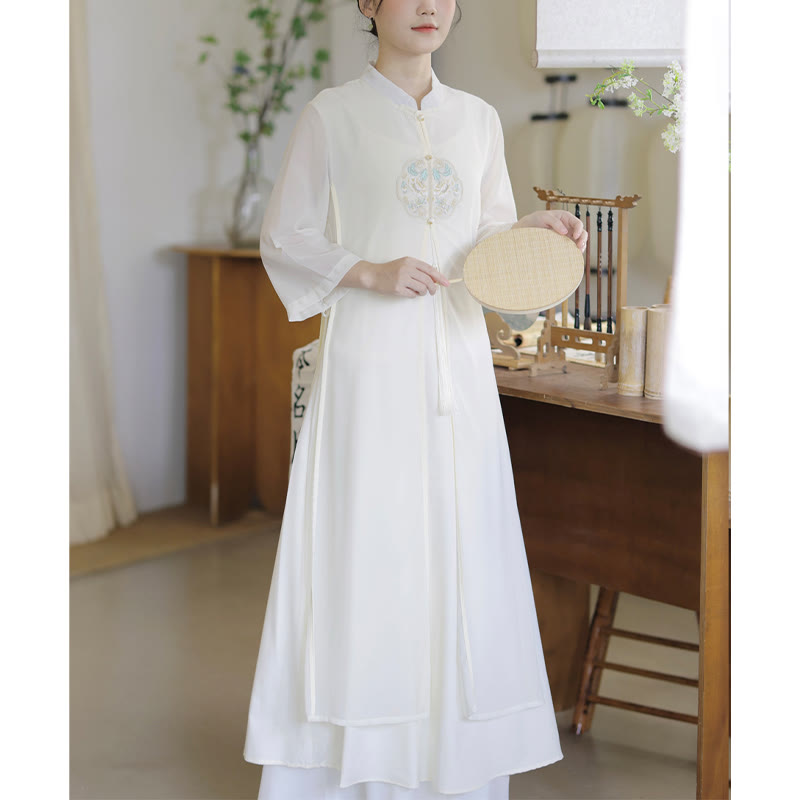 Buddha-Steine-Stickerei, Chiffon-Cheongsam, Midikleid, weite Hose, Meditations- und Zen-Praxiskleidung - image 1