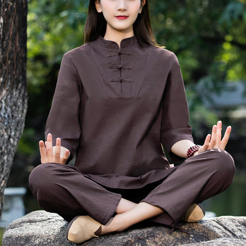 Buddha Stones 2-teiliges Set mit halblangen Ärmeln, Hemd, Oberteil und Hose, Meditation, Zen, Tai Chi, Baumwolle und Leinen, Damen