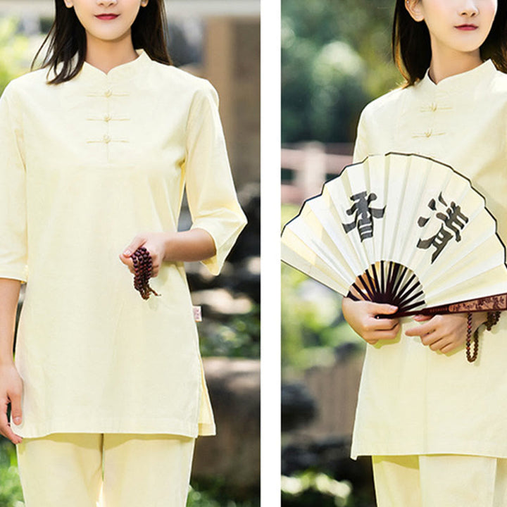 Buddha Stones 2-teiliges Set mit halblangen Ärmeln, Hemd, Oberteil und Hose, Meditation, Zen, Tai Chi, Baumwolle und Leinen, Damen - image 21