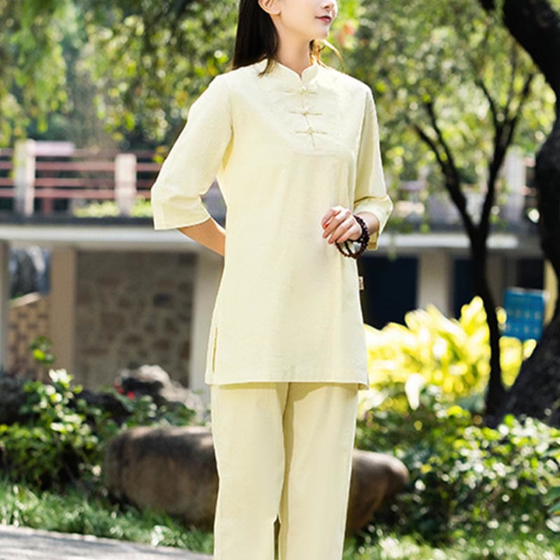 Buddha Stones 2-teiliges Set mit halblangen Ärmeln, Hemd, Oberteil und Hose, Meditation, Zen, Tai Chi, Baumwolle und Leinen, Damen - image 20