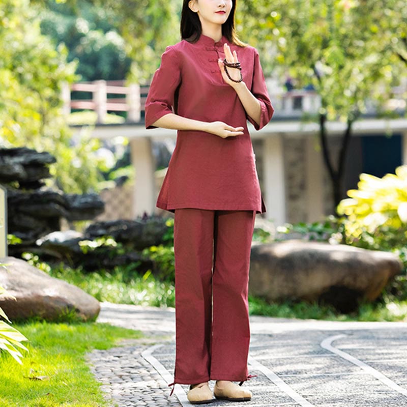 Buddha Stones 2-teiliges Set mit halblangen Ärmeln, Hemd, Oberteil und Hose, Meditation, Zen, Tai Chi, Baumwolle und Leinen, Damen - image 5