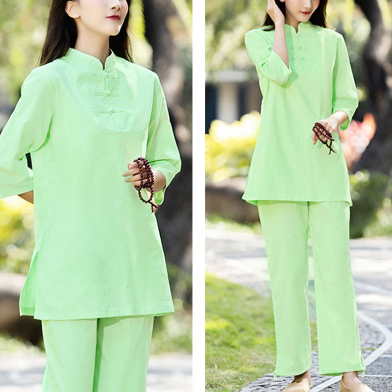 Buddha Stones 2-teiliges Set mit halblangen Ärmeln, Hemd, Oberteil und Hose, Meditation, Zen, Tai Chi, Baumwolle und Leinen, Damen - image 8