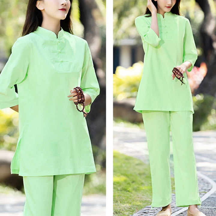 Buddha Stones 2-teiliges Set mit halblangen Ärmeln, Hemd, Oberteil und Hose, Meditation, Zen, Tai Chi, Baumwolle und Leinen, Damen - image 8