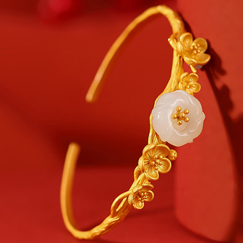 Buddha Stones 925 Sterling Silber vergoldet Hetian Jade Pflaumenblüte Glück Halskette Anhänger Armband Armreif Ring - image 9