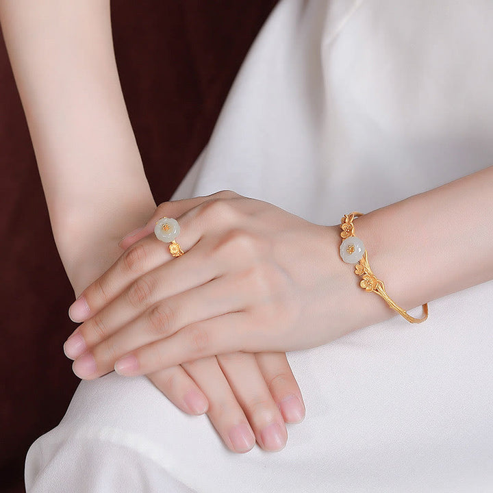 Buddha Stones 925 Sterling Silber vergoldet Hetian Jade Pflaumenblüte Glück Halskette Anhänger Armband Armreif Ring - image 15