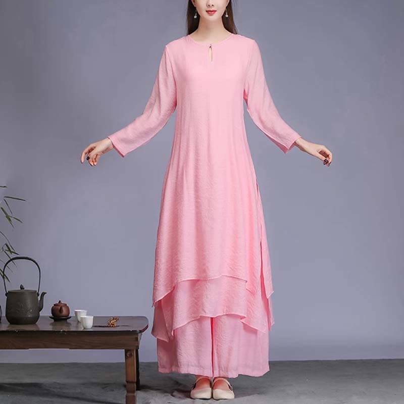 Buddha Stones 2-teiliges einfarbiges Midikleid mit weitem Bein, Meditation, spirituelle Zen-Praxis, Yoga, Tanzkleidung - 2 Stück Rosa (Kleid & Hose) - US12， UK/AU16，EU44 (2XL)  - image 12