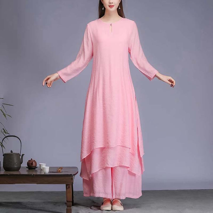 Buddha Stones 2-teiliges einfarbiges Midikleid mit weitem Bein, Meditation, spirituelle Zen-Praxis, Yoga, Tanzkleidung - 2 Stück Rosa (Kleid & Hose) - US12， UK/AU16，EU44 (2XL)  - image 12