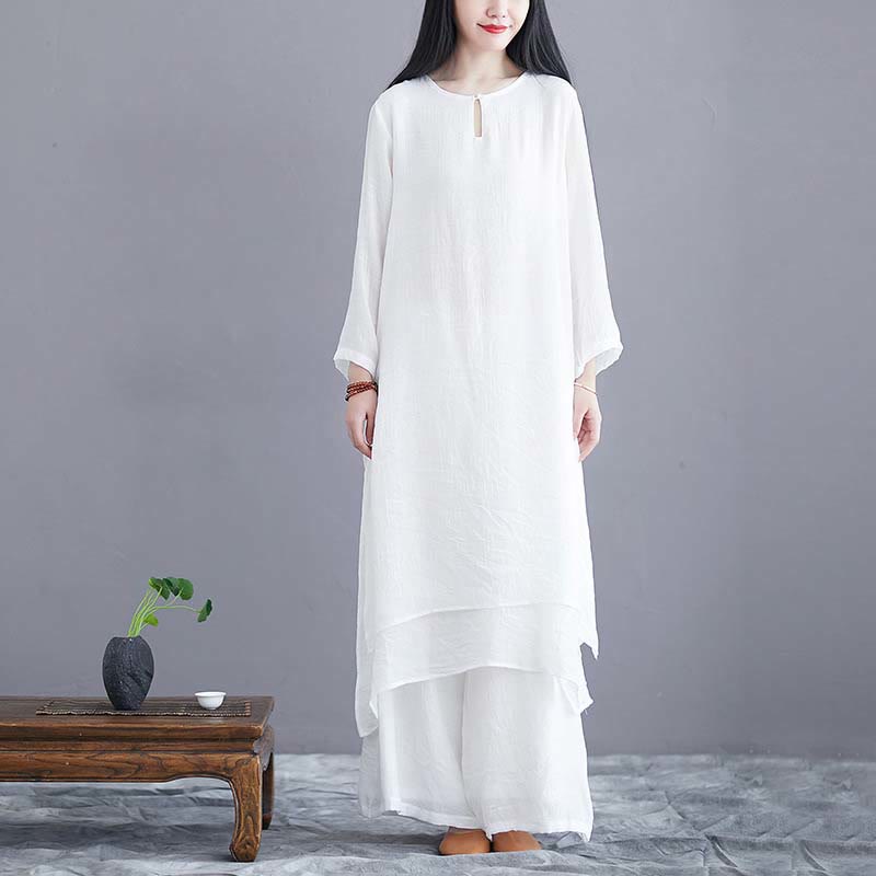 Buddha Stones 2-teiliges einfarbiges Midikleid mit weitem Bein, Meditation, spirituelle Zen-Praxis, Yoga, Tanzkleidung - 2 Stück Weiß (Kleid & Hose) - US12， UK/AU16，EU44 (2XL)  - image 0