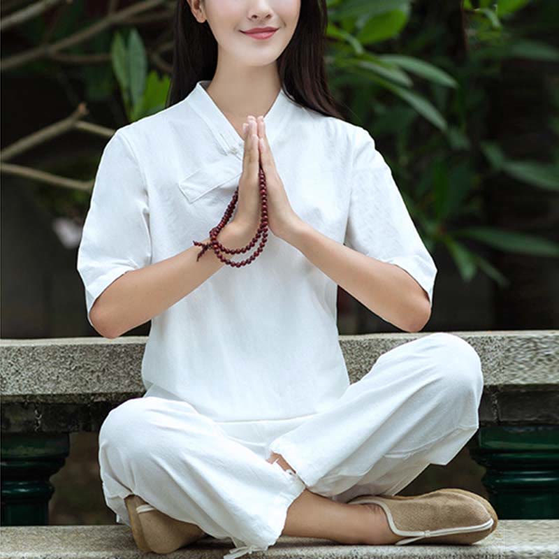 Buddha Stones 2-teiliges Set mit halblangen Ärmeln und V-Ausschnitt, Hemd, Oberteil und Hose, Meditation, Zen, Tai Chi, Leinenkleidung für Damen - Weiß (Oberteil und Hose) - US8-10， UK/AU12-14，EU40-42 (2XL) - image 3