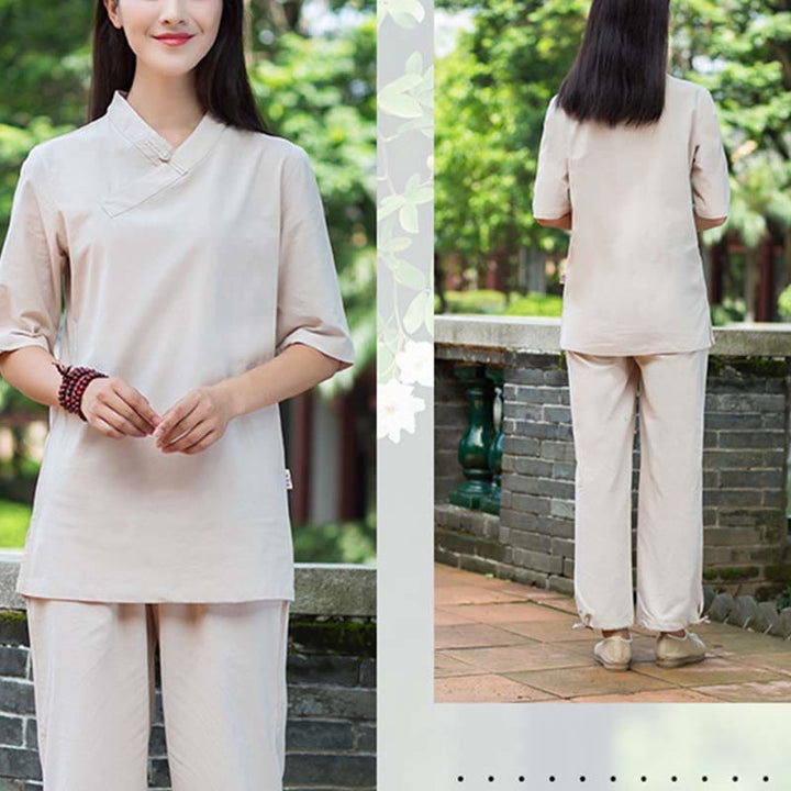 Buddha Stones 2-teiliges Set mit halblangen Ärmeln und V-Ausschnitt, Hemd, Oberteil und Hose, Meditation, Zen, Tai Chi, Leinenkleidung für Damen - image 2