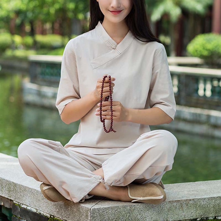Buddha Stones 2-teiliges Set mit halblangen Ärmeln und V-Ausschnitt, Hemd, Oberteil und Hose, Meditation, Zen, Tai Chi, Leinenkleidung für Damen - image 1