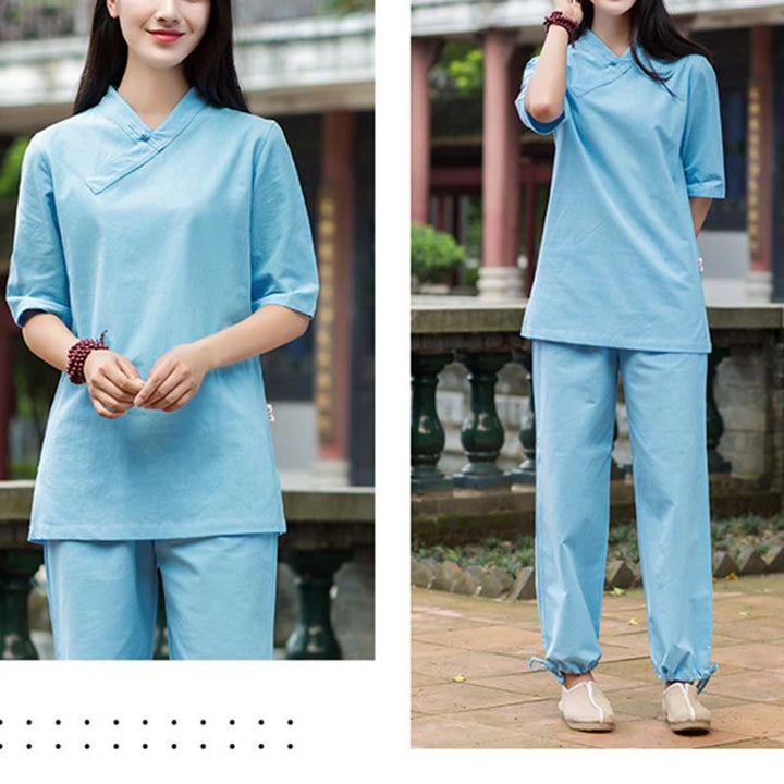 Buddha Stones 2-teiliges Set mit halblangen Ärmeln und V-Ausschnitt, Hemd, Oberteil und Hose, Meditation, Zen, Tai Chi, Leinenkleidung für Damen - image 11