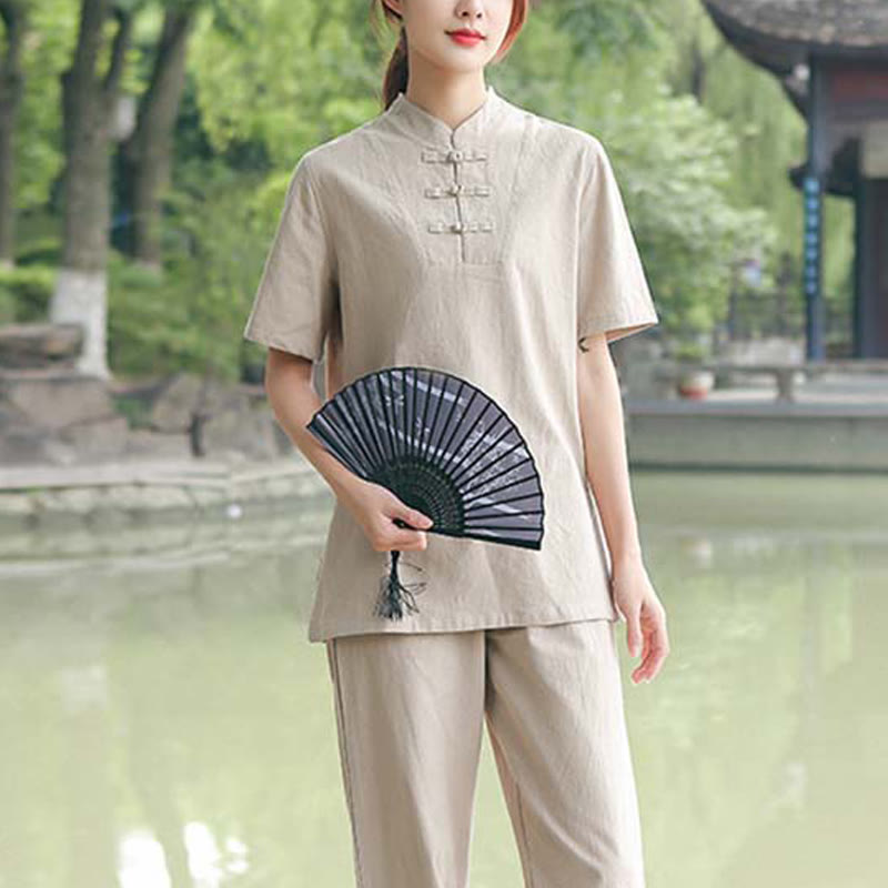 Buddha Stones 2-teiliges Damen-Kleidungsset mit kurzen Ärmeln, Oberteil, T-Shirt und Hose, Meditation, Zen, Tai Chi, Baumwolle und Leinen - image 1