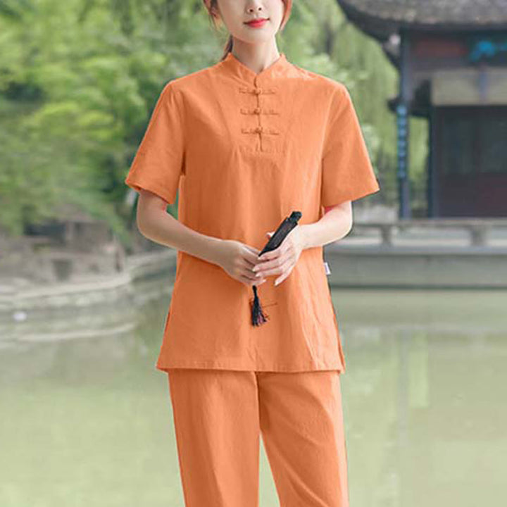 Buddha Stones 2-teiliges Damen-Kleidungsset mit kurzen Ärmeln, Oberteil, T-Shirt und Hose, Meditation, Zen, Tai Chi, Baumwolle und Leinen - Orange (Oberteil und Hose) - US18， UK/AU22，EU50 (6XL) - image 7