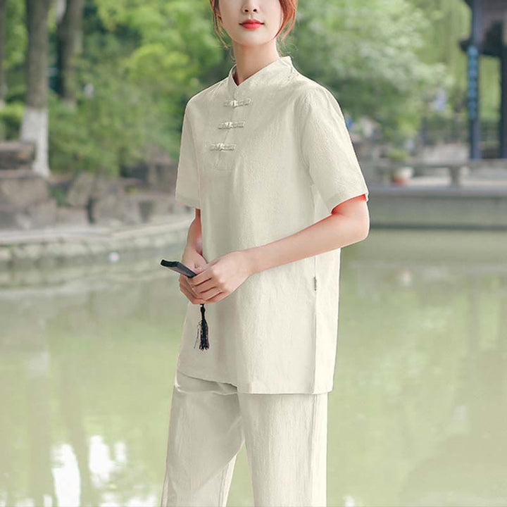 Buddha Stones 2-teiliges Damen-Kleidungsset mit kurzen Ärmeln, Oberteil, T-Shirt und Hose, Meditation, Zen, Tai Chi, Baumwolle und Leinen - Beige (Oberteil und Hose) - US18， UK/AU22，EU50 (6XL) - image 6