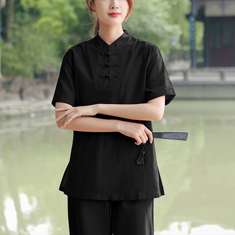 Buddha Stones 2-teiliges Damen-Kleidungsset mit kurzen Ärmeln, Oberteil, T-Shirt und Hose, Meditation, Zen, Tai Chi, Baumwolle und Leinen - Schwarz (Oberteil und Hose) - US18， UK/AU22，EU50 (6XL) - image 14