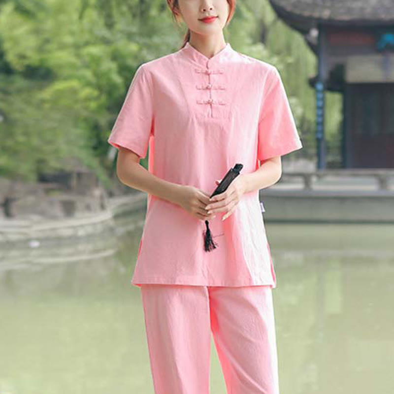 Buddha Stones 2-teiliges Damen-Kleidungsset mit kurzen Ärmeln, Oberteil, T-Shirt und Hose, Meditation, Zen, Tai Chi, Baumwolle und Leinen - Rosa (Oberteil und Hose) - US18， UK/AU22，EU50 (6XL) - image 12