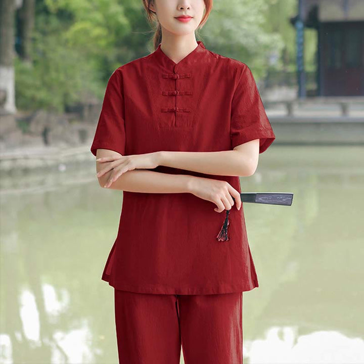 Buddha Stones 2-teiliges Damen-Kleidungsset mit kurzen Ärmeln, Oberteil, T-Shirt und Hose, Meditation, Zen, Tai Chi, Baumwolle und Leinen - Burgunderrot (Oberteil & Hose) - US18, UK/AU22, EU50 (6XL) - image 8