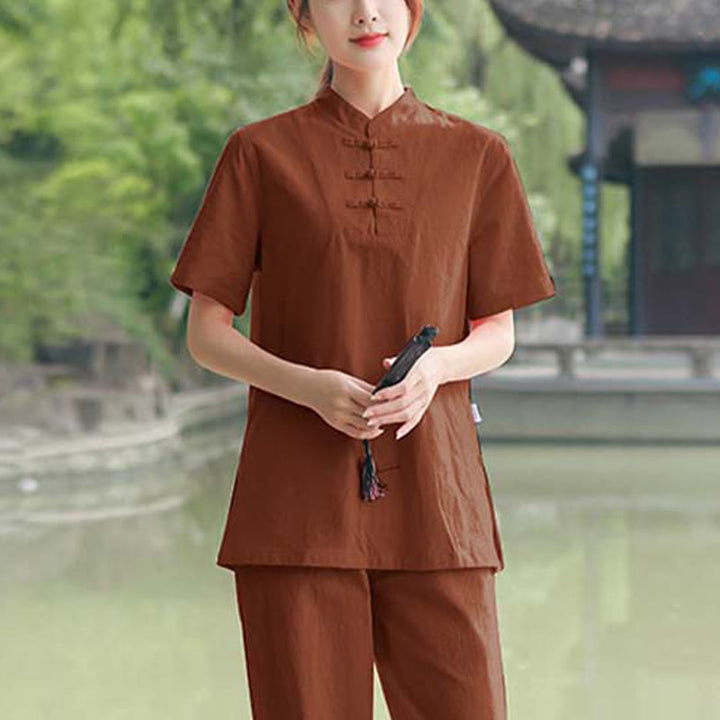 Buddha Stones 2-teiliges Damen-Kleidungsset mit kurzen Ärmeln, Oberteil, T-Shirt und Hose, Meditation, Zen, Tai Chi, Baumwolle und Leinen - Braun (Oberteil und Hose) - US18， UK/AU22，EU50 (6XL) - image 11