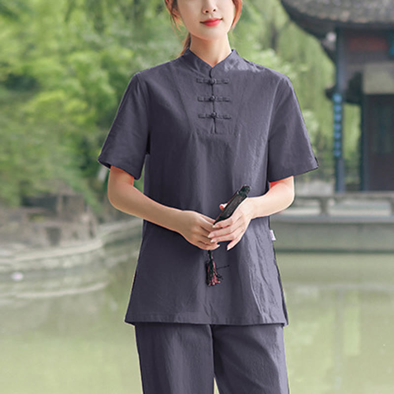 Buddha Stones 2-teiliges Damen-Kleidungsset mit kurzen Ärmeln, Oberteil, T-Shirt und Hose, Meditation, Zen, Tai Chi, Baumwolle und Leinen - Grau (Oberteil und Hose) - US18， UK/AU22，EU50 (6XL) - image 5