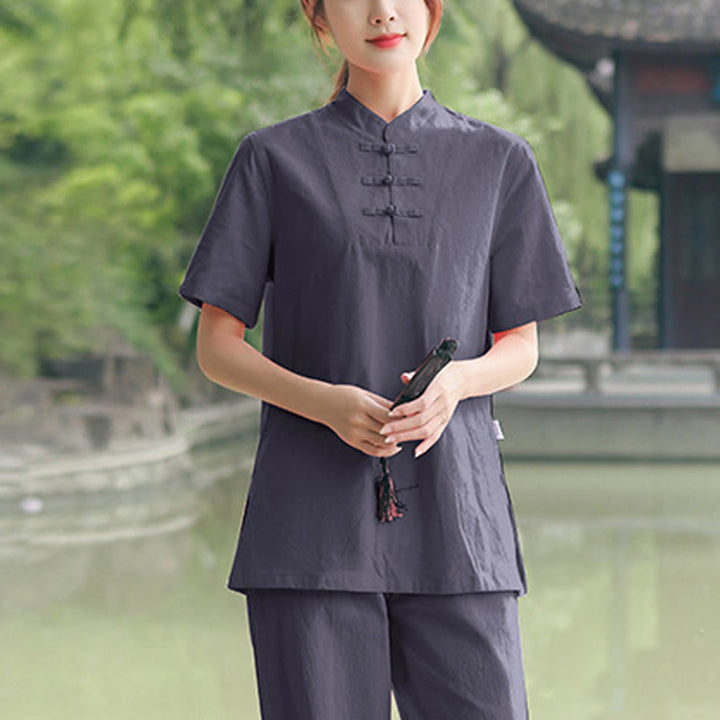 Buddha Stones 2-teiliges Damen-Kleidungsset mit kurzen Ärmeln, Oberteil, T-Shirt und Hose, Meditation, Zen, Tai Chi, Baumwolle und Leinen - Grau (Oberteil und Hose) - US18， UK/AU22，EU50 (6XL) - image 5
