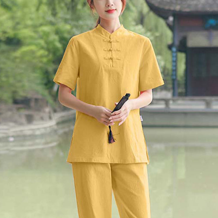 Buddha Stones 2-teiliges Damen-Kleidungsset mit kurzen Ärmeln, Oberteil, T-Shirt und Hose, Meditation, Zen, Tai Chi, Baumwolle und Leinen - Gelb (Oberteil und Hose) - US18， UK/AU22，EU50 (6XL) - image 9