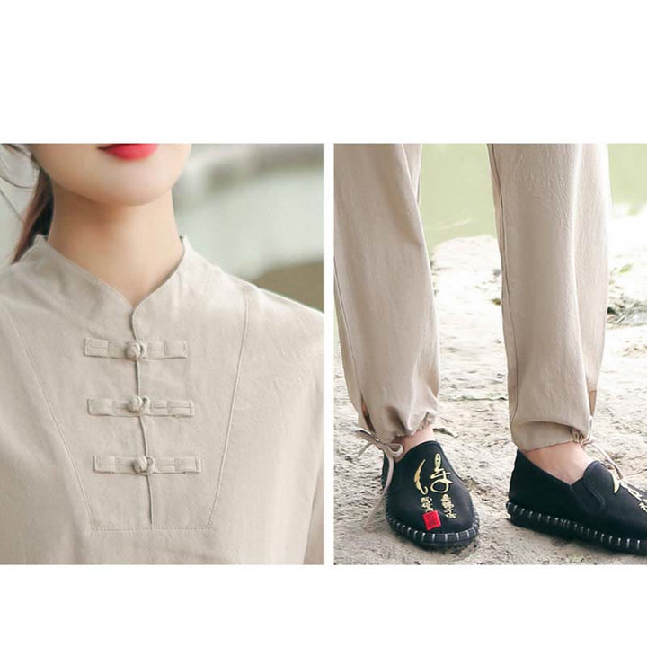 Buddha Stones 2-teiliges Damen-Kleidungsset mit kurzen Ärmeln, Oberteil, T-Shirt und Hose, Meditation, Zen, Tai Chi, Baumwolle und Leinen - image 2