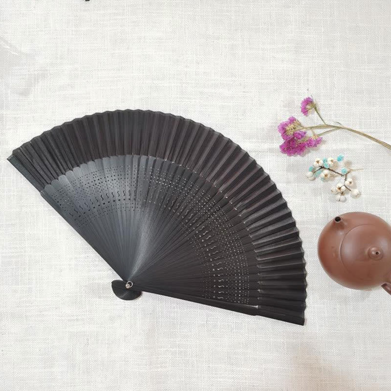 Handlicher Faltfächer aus Bambus mit Buddha-Steinen, einfach, hohl, graviert - Schwarz, 22 cm - image 4