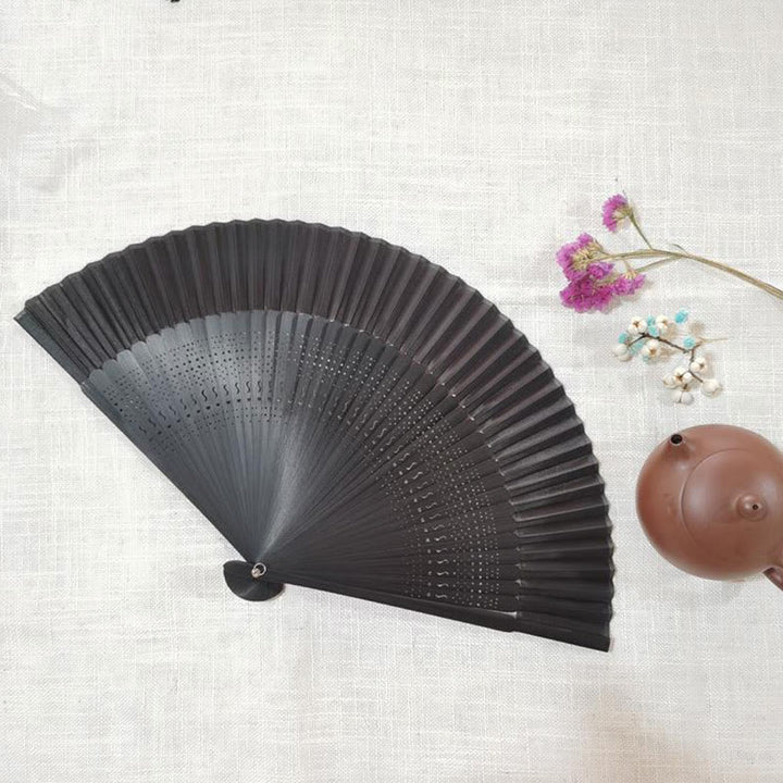 Handlicher Faltfächer aus Bambus mit Buddha-Steinen, einfach, hohl, graviert - Schwarz, 22 cm - image 4