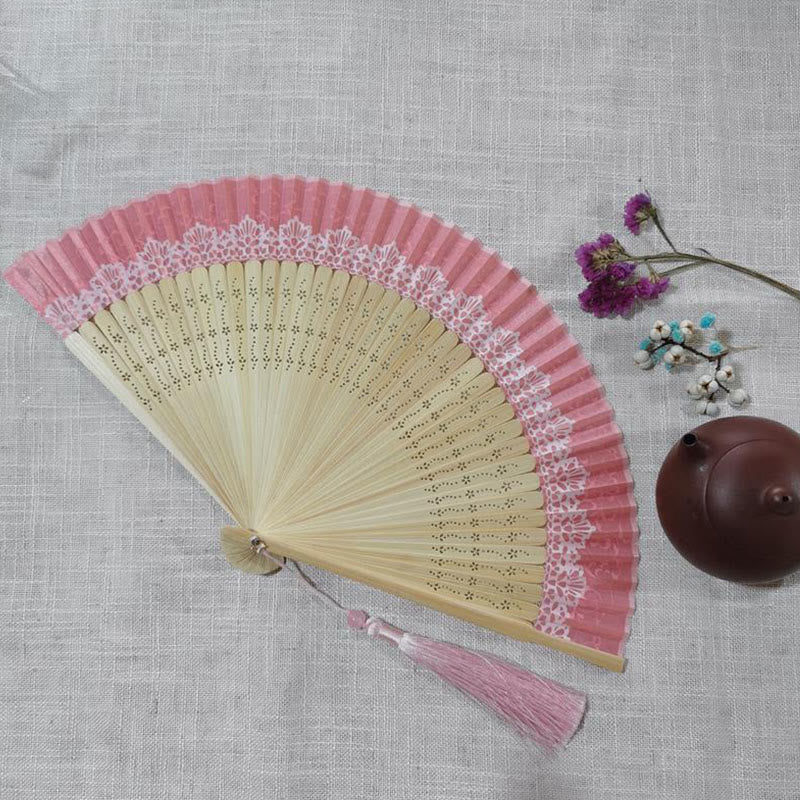 Handlicher Faltfächer aus Bambus mit Buddha-Steinen, einfach, hohl, graviert - Rosa, 22 cm - image 5