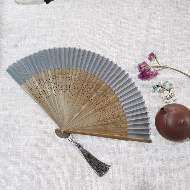 Handlicher Faltfächer aus Bambus mit Buddha-Steinen, einfach, hohl, graviert - Grau, 22 cm - image 11