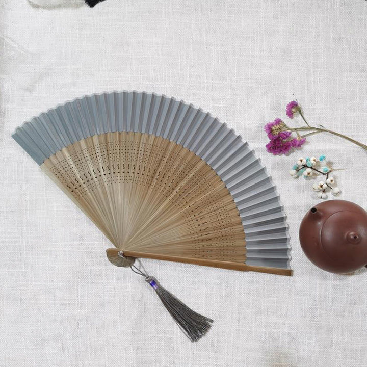 Handlicher Faltfächer aus Bambus mit Buddha-Steinen, einfach, hohl, graviert - Grau, 22 cm - image 11