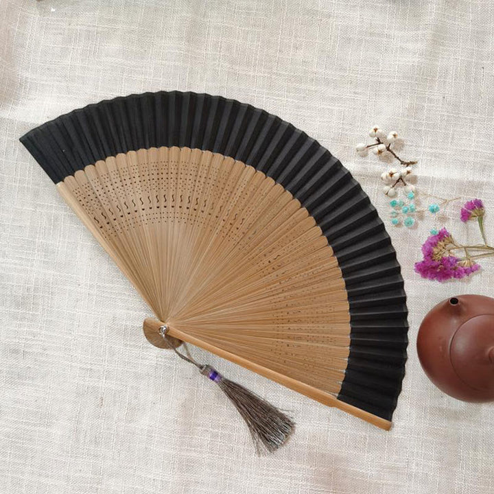 Handlicher Faltfächer aus Bambus mit Buddha-Steinen, einfach, hohl, graviert - Braun Schwarz 22 cm - image 12