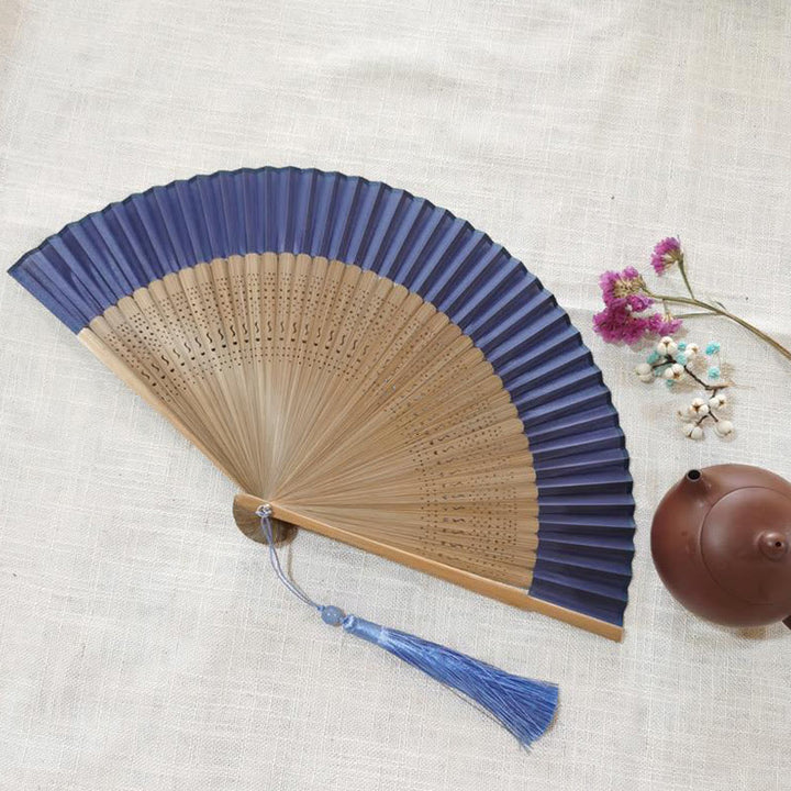 Handlicher Faltfächer aus Bambus mit Buddha-Steinen, einfach, hohl, graviert - Blau Beige 22 cm - image 10