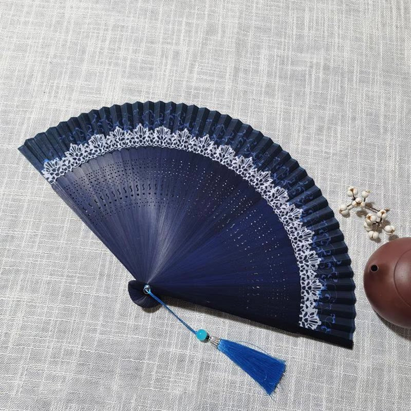 Handlicher Faltfächer aus Bambus mit Buddha-Steinen, einfach, hohl, graviert - Blau, 22 cm - image 9