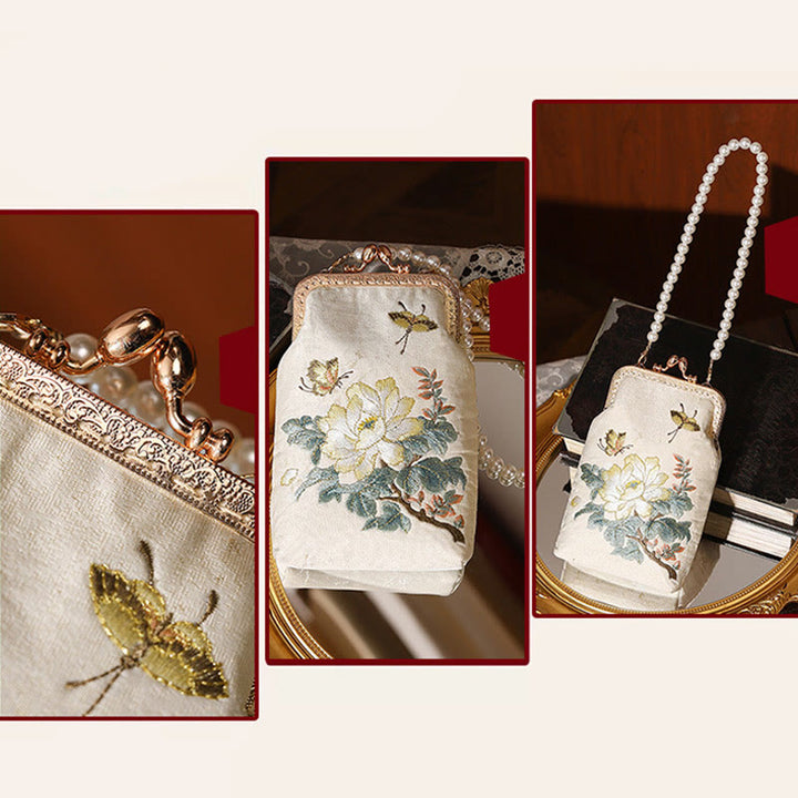 Buddha-Steine, kleine Blumen, Schmetterling, bestickte Perlen, Metallkette, Schultertasche, Crossbody-Handtasche, Handytasche - image 9