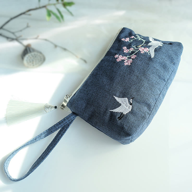 Buddha-Steine, kleine Blume, Pflaume, Kirsche, Kranich, Pfirsichblüte, Stickerei, Canvas-Geldbörse, Einkaufstasche - Marineblauer Kirschkranich 21 x 13 cm - image 17