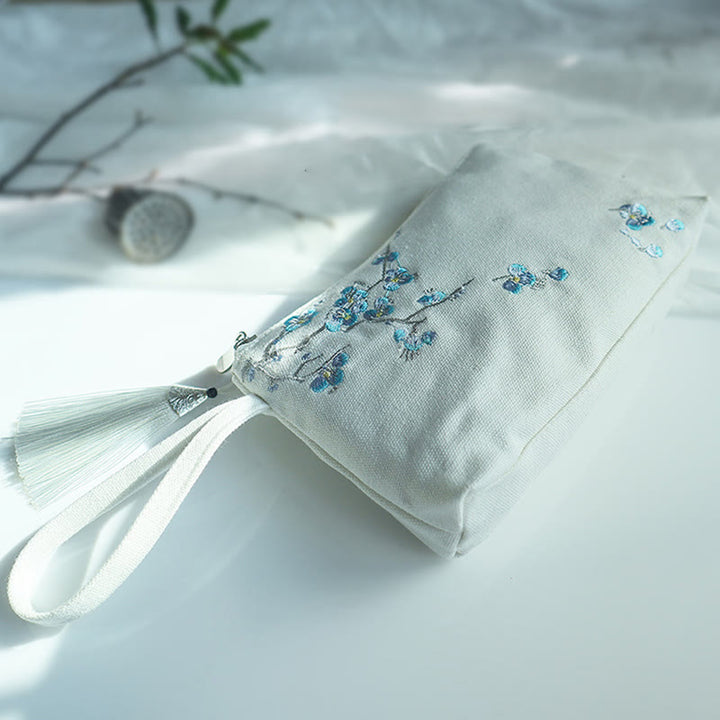 Buddha-Steine, kleine Blume, Pflaume, Kirsche, Kranich, Pfirsichblüte, Stickerei, Canvas-Geldbörse, Einkaufstasche - Weiß Blau Pflaume 21*13cm - image 20