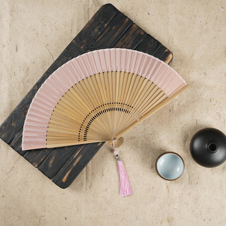 Handlicher Faltfächer aus Bambus mit Buddha-Steinen, einfacher Kirschblüten-Gravur - Rosa, 22 cm - image 3