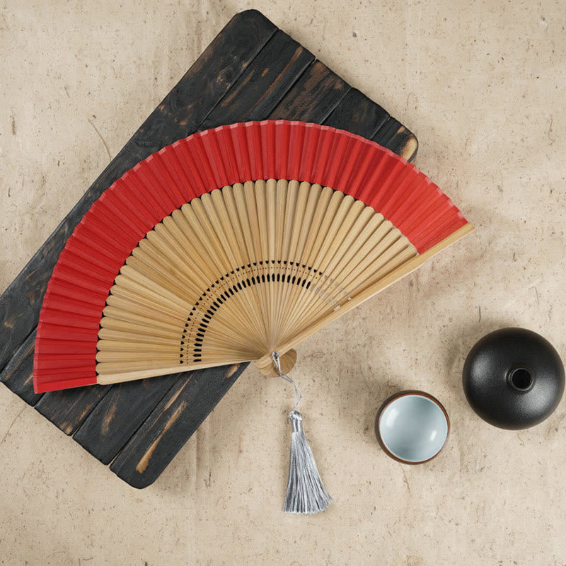 Handlicher Faltfächer aus Bambus mit Buddha-Steinen, einfacher Kirschblüten-Gravur - Rot, 22 cm - image 4