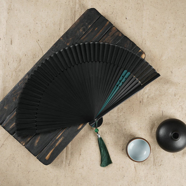 Handlicher Faltfächer aus Bambus mit Buddha-Steinen, einfacher Kirschblüten-Gravur - Schwarz, 22 cm - image 9