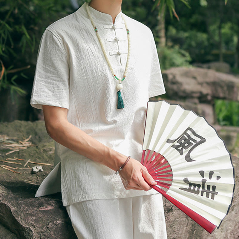 Buddha Stones 2-teiliges Herren-Kleidungsset mit kurzärmeligen Hemden, Oberteilen, T-Shirts und Hosen, Meditation, Zen, Tai Chi, Baumwolle und Leinen - Weiß (Oberteil und Hose) - US/ UK/AU48，EU58 (6XL) - image 0