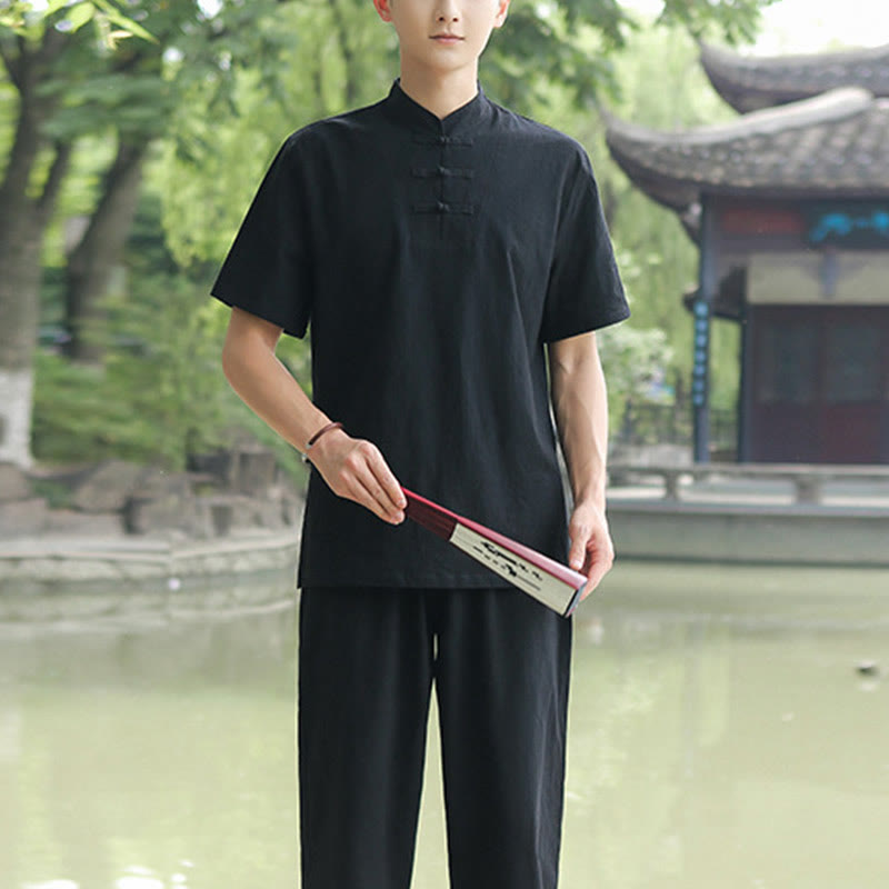 Buddha Stones 2-teiliges Herren-Kleidungsset mit kurzärmeligen Hemden, Oberteilen, T-Shirts und Hosen, Meditation, Zen, Tai Chi, Baumwolle und Leinen - Schwarz (Oberteil & Hose) - US/ UK/AU48, EU58 (6XL) - image 11